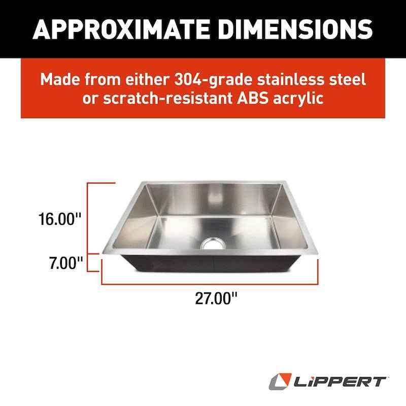 Lippert Components 385313 RV Undermount Square Sink, 27" Stainless Steel, No Faucet Mount – image 2