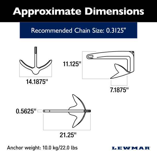 Lewmar 0057910 22-lb Steel Claw Anchor for 30–40-Foot Boats