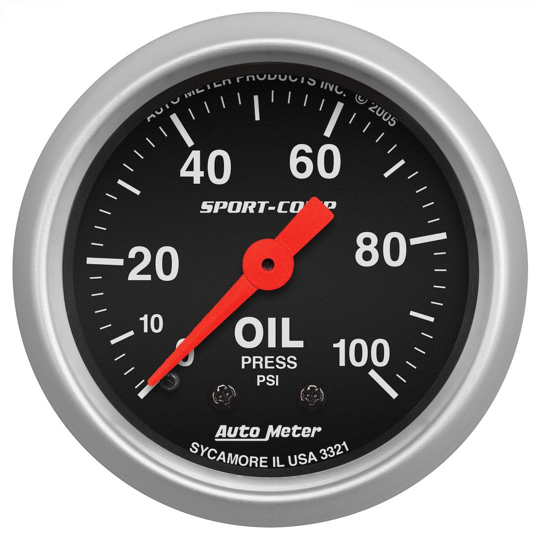 AutoMeter 3321 Sport-Comp Black Mechanical Oil Gauge, 0–100 PSI - image 1