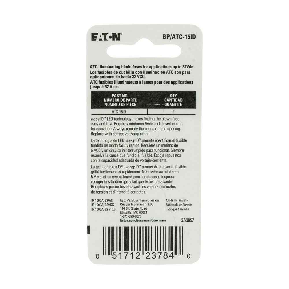Bussman BPATC15ID 15A easyID ATC Blade Fuses