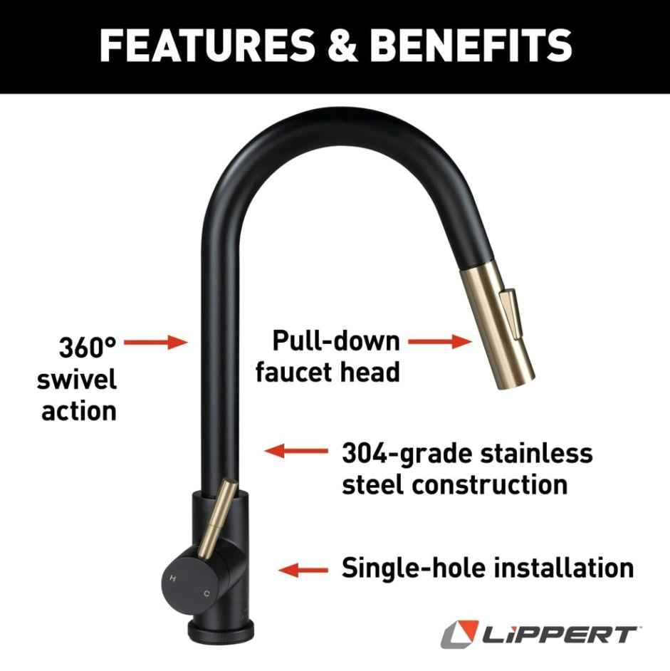 Lippert Kitchen Faucet - Black/Gold, Pull Out Spout – 2024000071