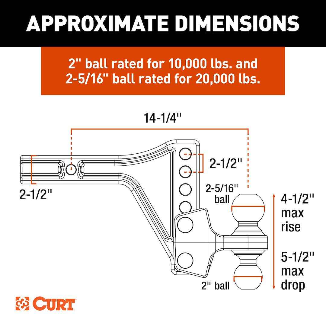 CURT Dual-Ball Mount - 2 & 2-5/16 in, 5-1/2 in Drop – 45937