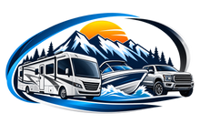 NewRVParts RV, boat and truck parts logo with mountains and sunset