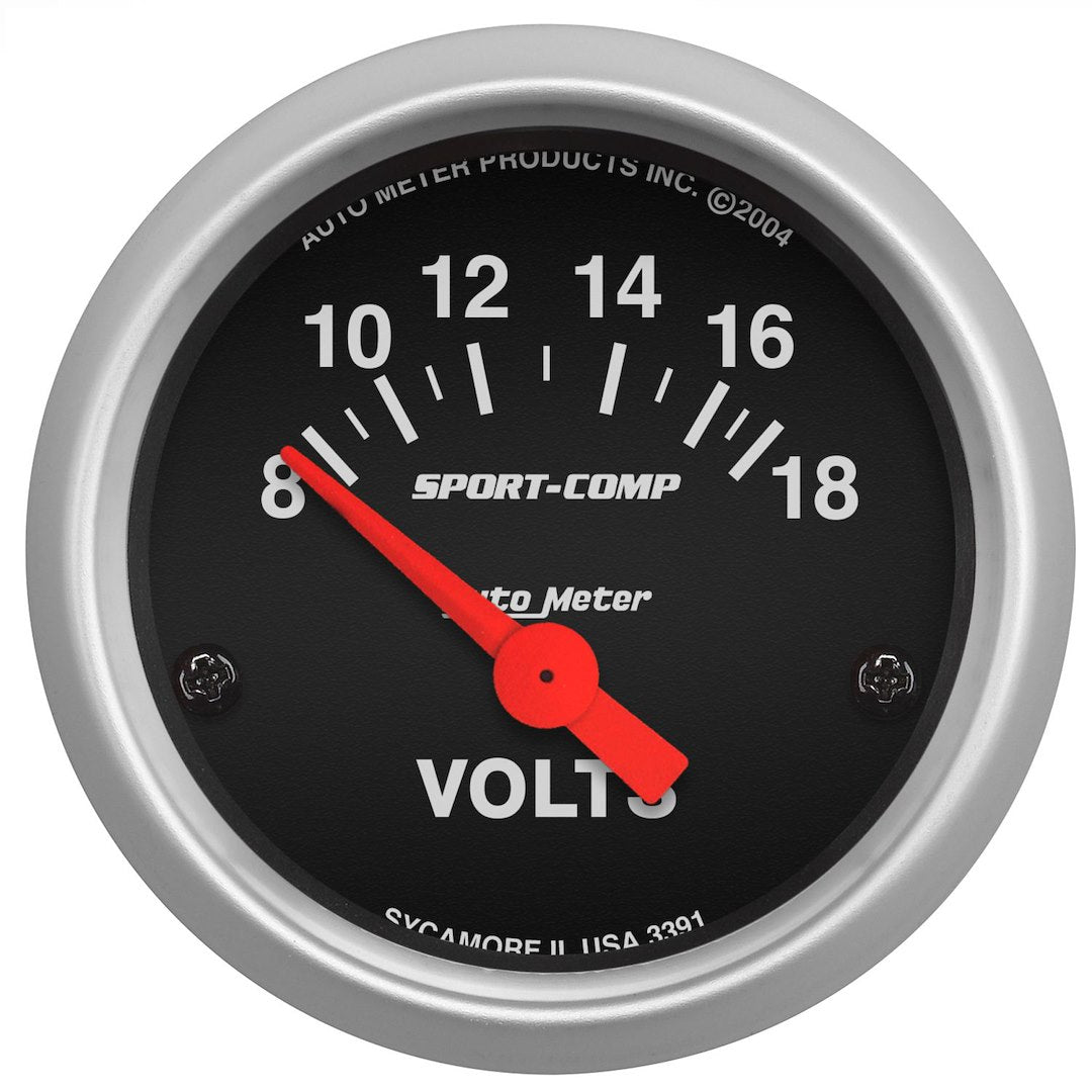 AutoMeter 3391 Mini Sport-Comp Black Voltmeter, 8–18 V - image 1