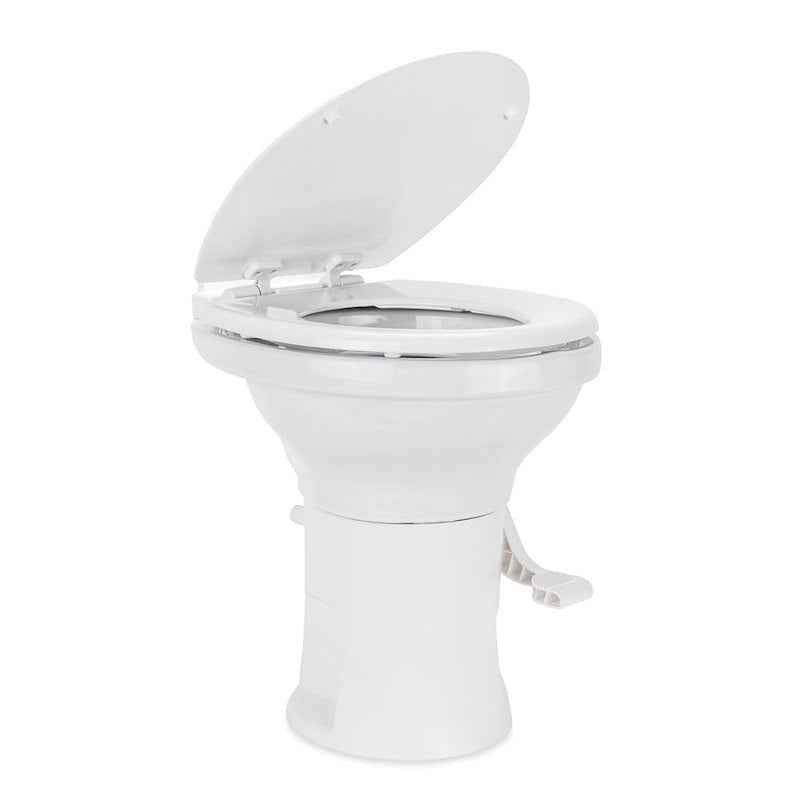 Camco 41710 RV Toilet High Profile, Permanent Pedal Flush, Wood Seat, White – image 1
