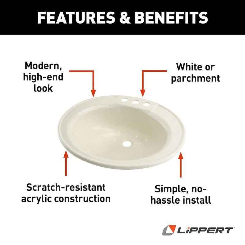 Lippert Components 209358 RV Oval Sink, Drop-In, Parchment, 3-Hole Faucet Mount – image 3