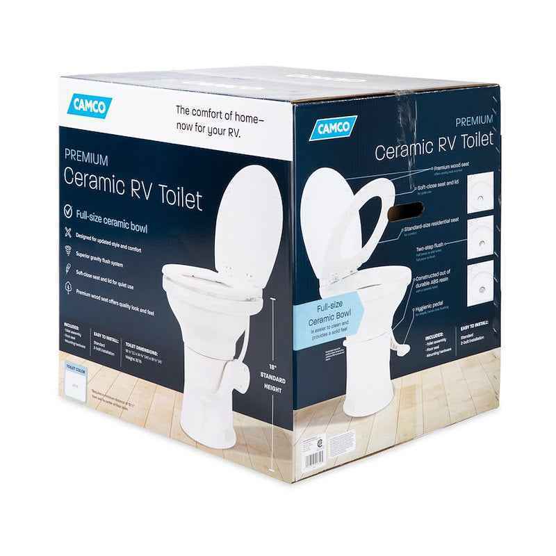 Camco 41710 RV Toilet High Profile, Permanent Pedal Flush, Wood Seat, White – image 7