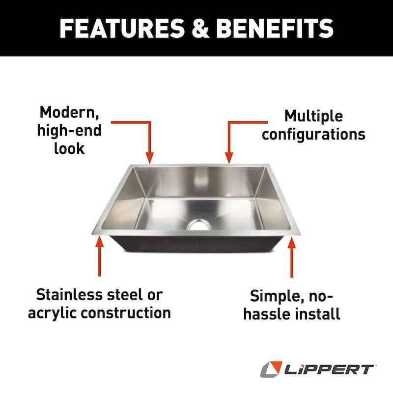 Lippert Components 385313 RV Undermount Square Sink, 27" Stainless Steel, No Faucet Mount – image 3
