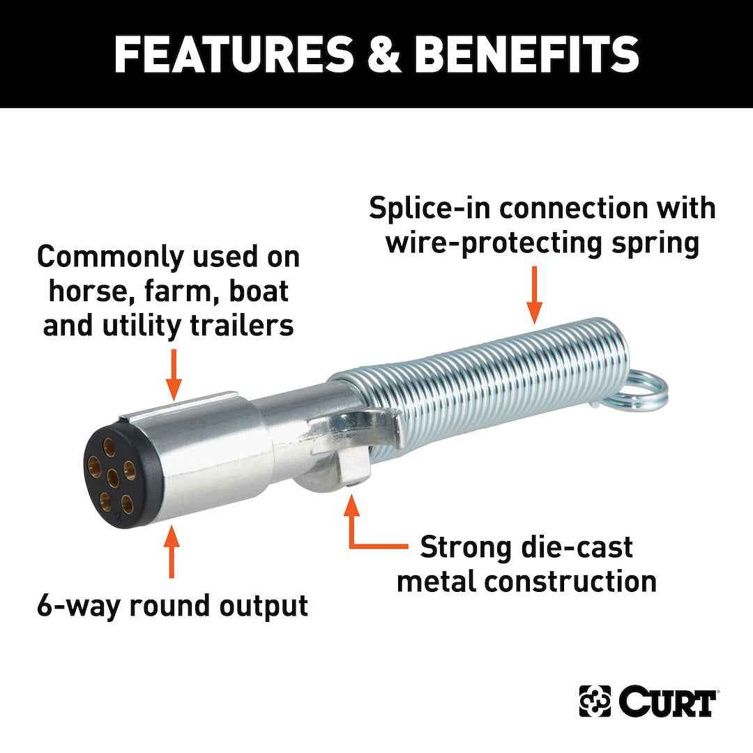 CURT 58082 6-Way Round Trailer Plug with Wire Spring