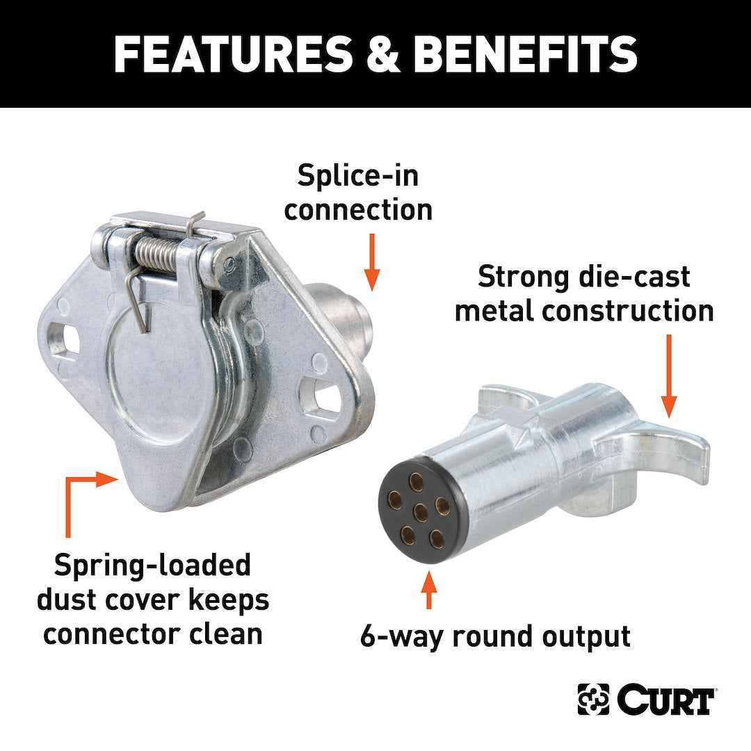 CURT 6-Way Round Wiring Plug & Socket - Metal – 58092
