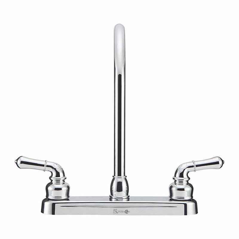 Dura Faucet DF-PK330HC-CP Kitchen Faucet, 12" J-Spout, 8" Deck Mount, Dual Teapot Handles – image 3