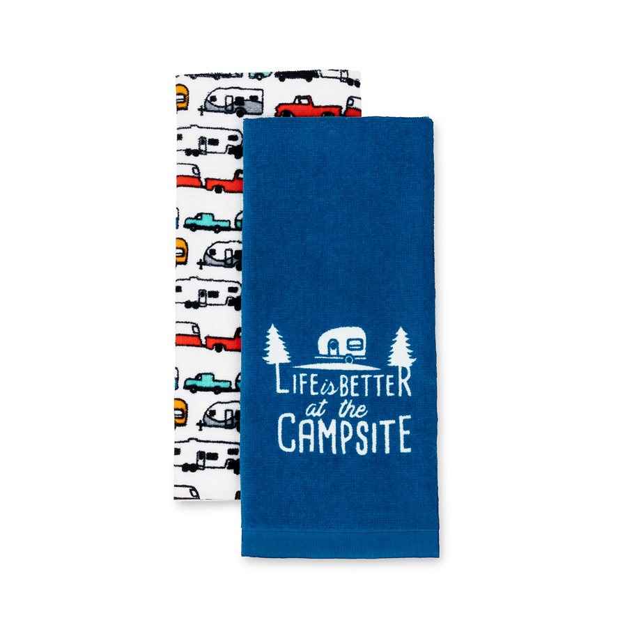 Camco 53301 Blue-and-White Cotton Campsite Towels, Pair