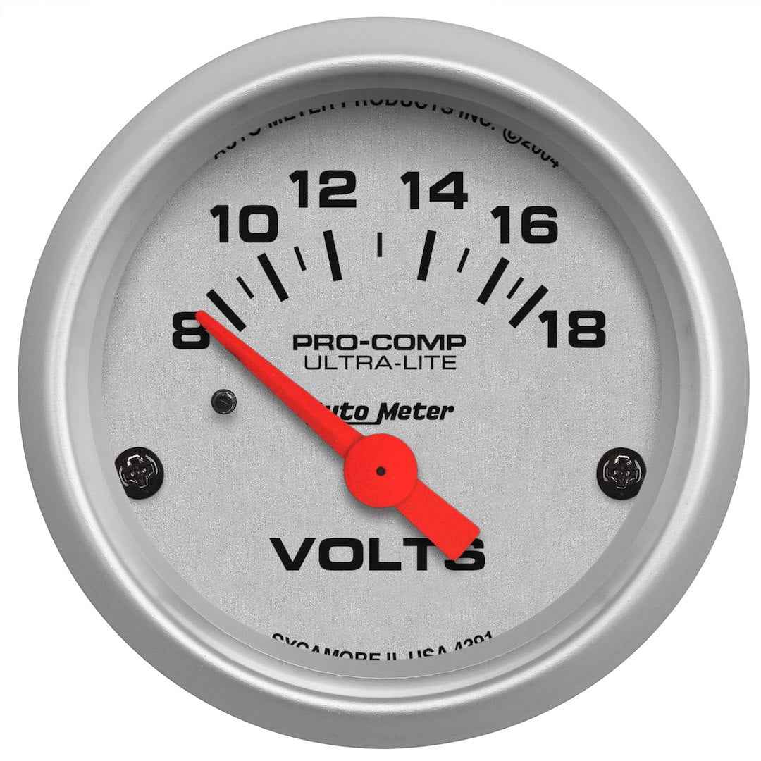 AutoMeter 4391 Ultra-Lite White Short-Sweep Voltmeter, 8–18 V