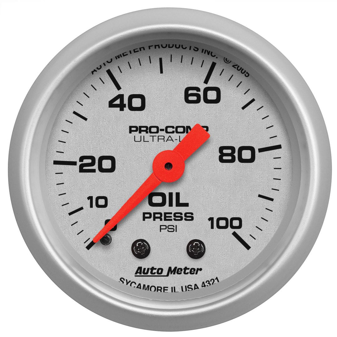 AutoMeter 4321 Ultra-Lite Silver Oil Gauge, 0–100 PSI - image 2