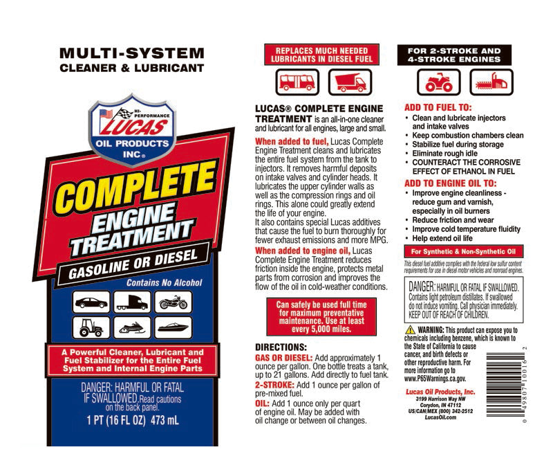 Lucas Oil 10016 Complete Engine Treatment Fuel Additive